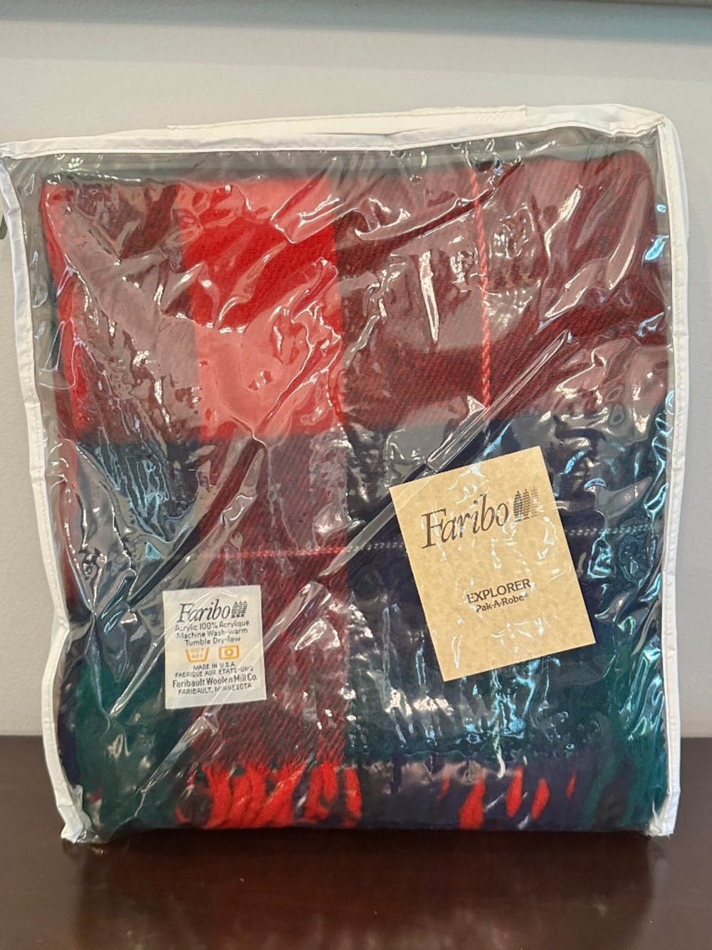 Vintage Faribo Pak-a-Robe 100% Acrylic Red Plaid Throw Blanket 50x 60 New